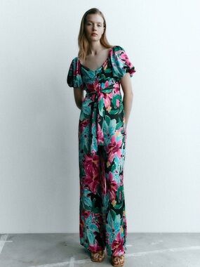 Zara Floral Puff-Sleeve Wide-Leg Jumpsuit in Pink & Teal